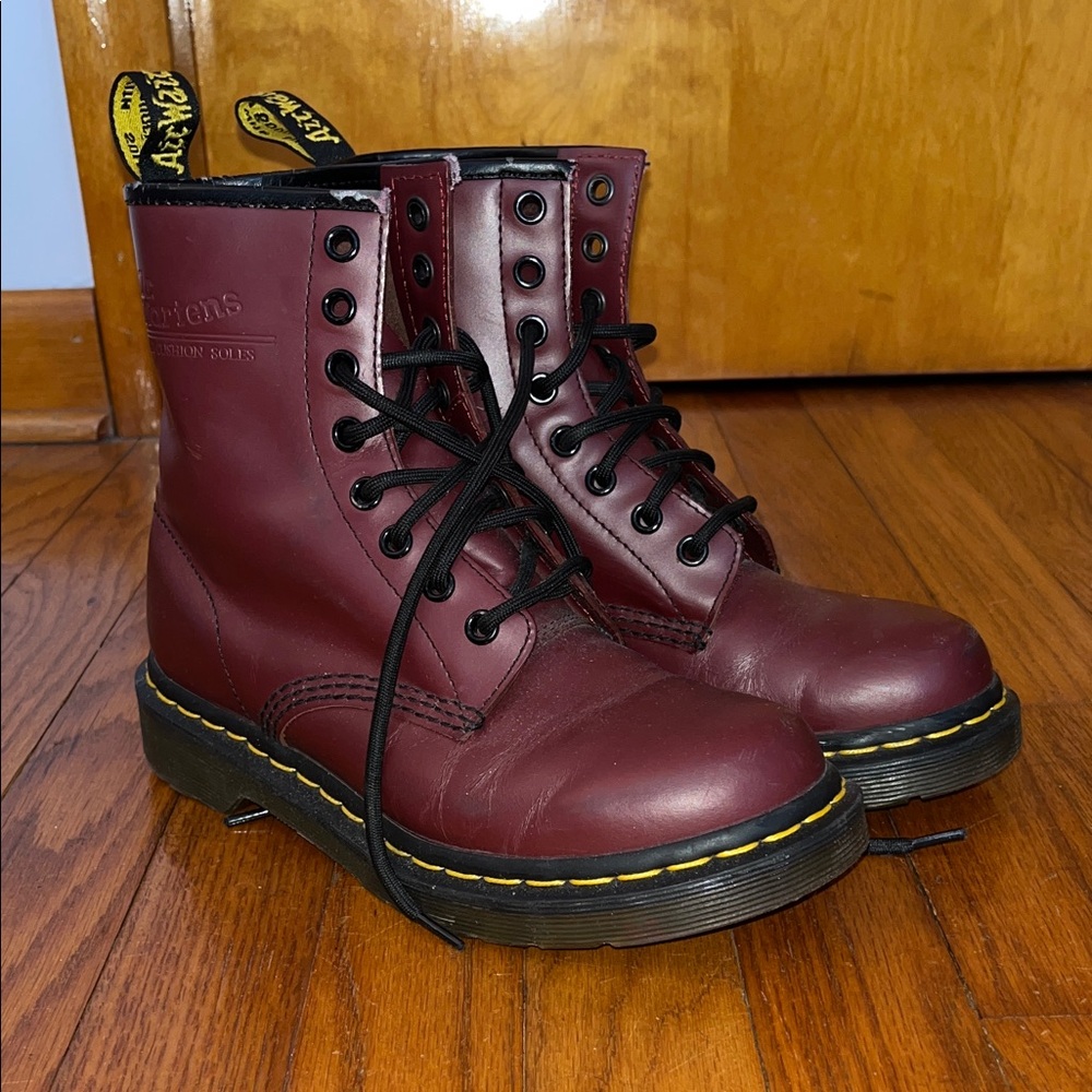 Dr. Martens Cherry Red Combat Boots with Yellow Stitching